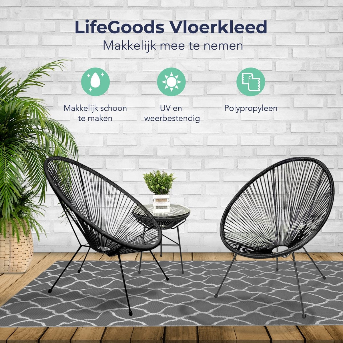 LifeGoods Tapis d'extérieur - 120x180CM - Tapis de jardin - Réversible - Sac de transport inclus - Avec motif - Gris/Blanc