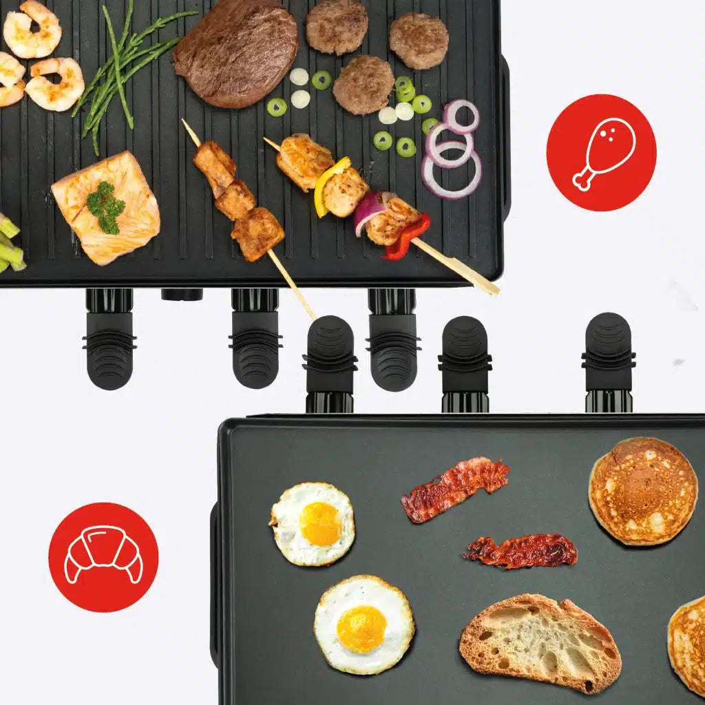 Set à raclette Gourmette Pure Gourmet – Noir – 8 personnes – 21 x 42 cm – Sans PFAS, avec plaque de cuisson réversible