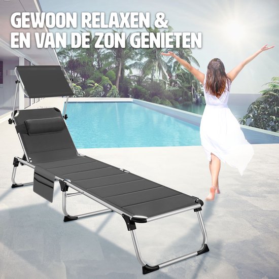 tectake® - chaise longue rembourrée, pliable - gris - 220 x 60,5 x 34 cm, avec poche latérale