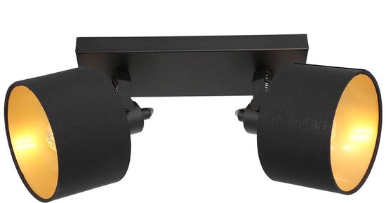 Spot à 2 lumières Ornoir 3334ZW noir avec abat-jours dorés, orientable et inclinable, métal et textile, style moderne, Mexlite, intérieur