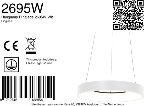 Suspension Ringlede 2695W blanche, ronde, 48 cm, hauteur réglable électriquement, en plastique et métal, Steinhauer Modern