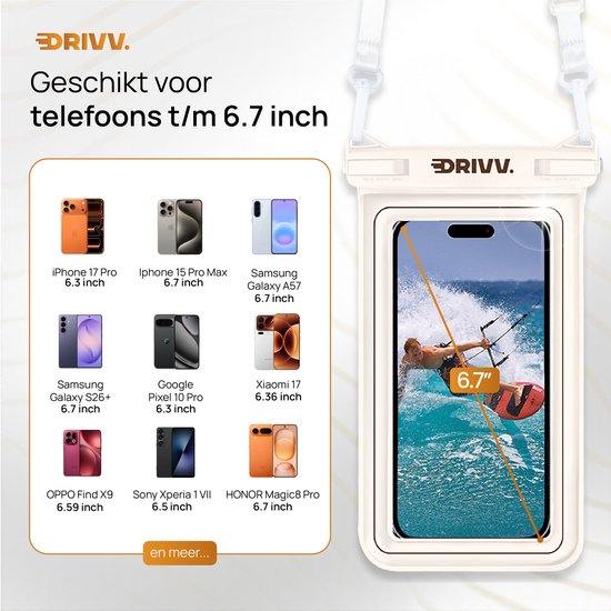 Drivv. Étui de protection étanche de luxe pour téléphone – Flottant – Double fermeture à clip – Téléphones jusqu'à 6,8 pouces – Étui de protection sous-marin pour téléphone – Beige