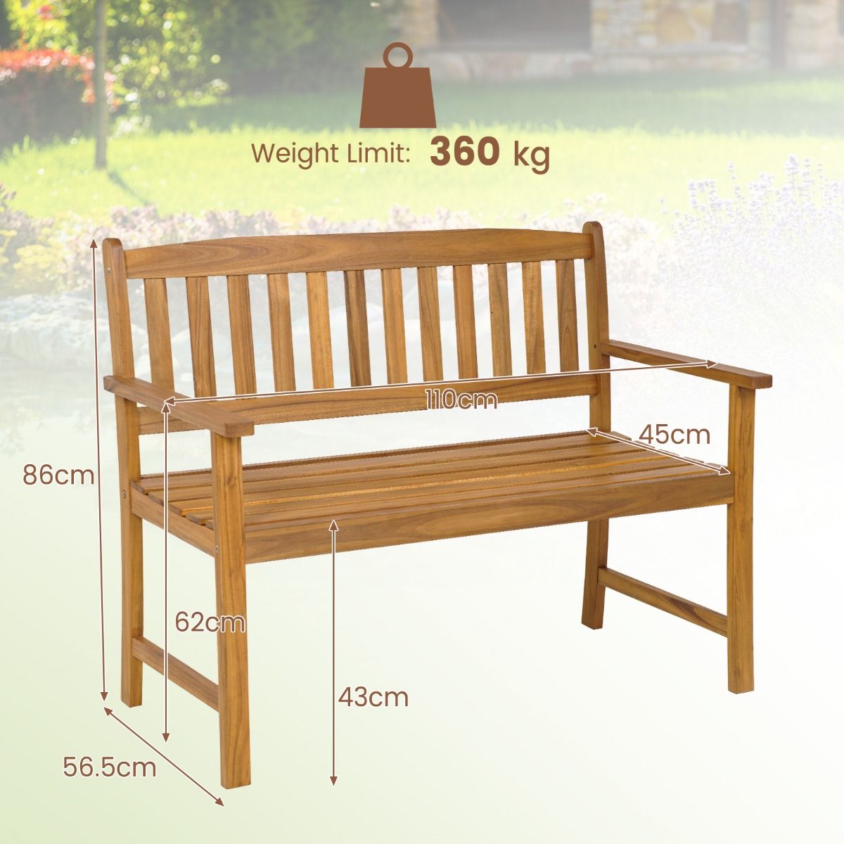 Banc de jardin Coast - Bois d'acacia massif - 2 places - Capacité de charge jusqu'à 360 kg - Finition naturelle - 110 x 56,5 x 86 cm
