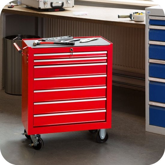 tectake® - Chariot à outils avec 7 tiroirs - chariot d'atelier, atelier mobile, chariot à outils vide, boîte à outils, 7 tiroirs, 69 x 33 x 79 cm, roues avec frein, incl. 2 clés - rouge