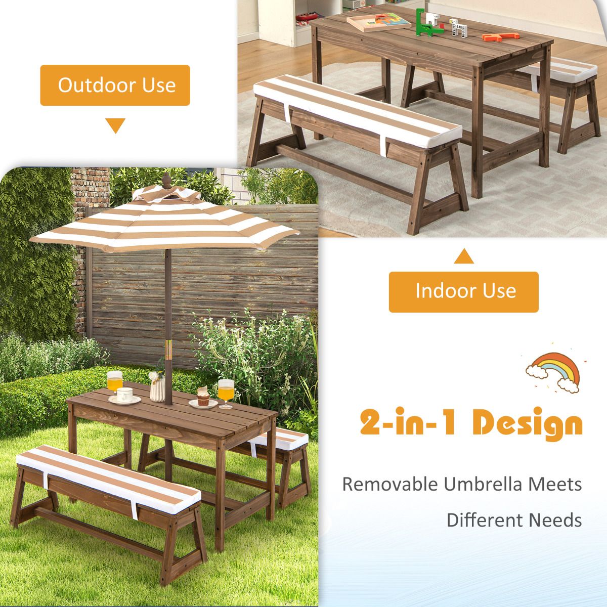 Coast Kids Picnic Table with Umbrella and Cushions - 89 x 85 x 47 cm - Coffee Colour - Activity Table and Chair Set for Indoor and Outdoor (Table et chaise d'activités pour l'intérieur et l'extérieur)