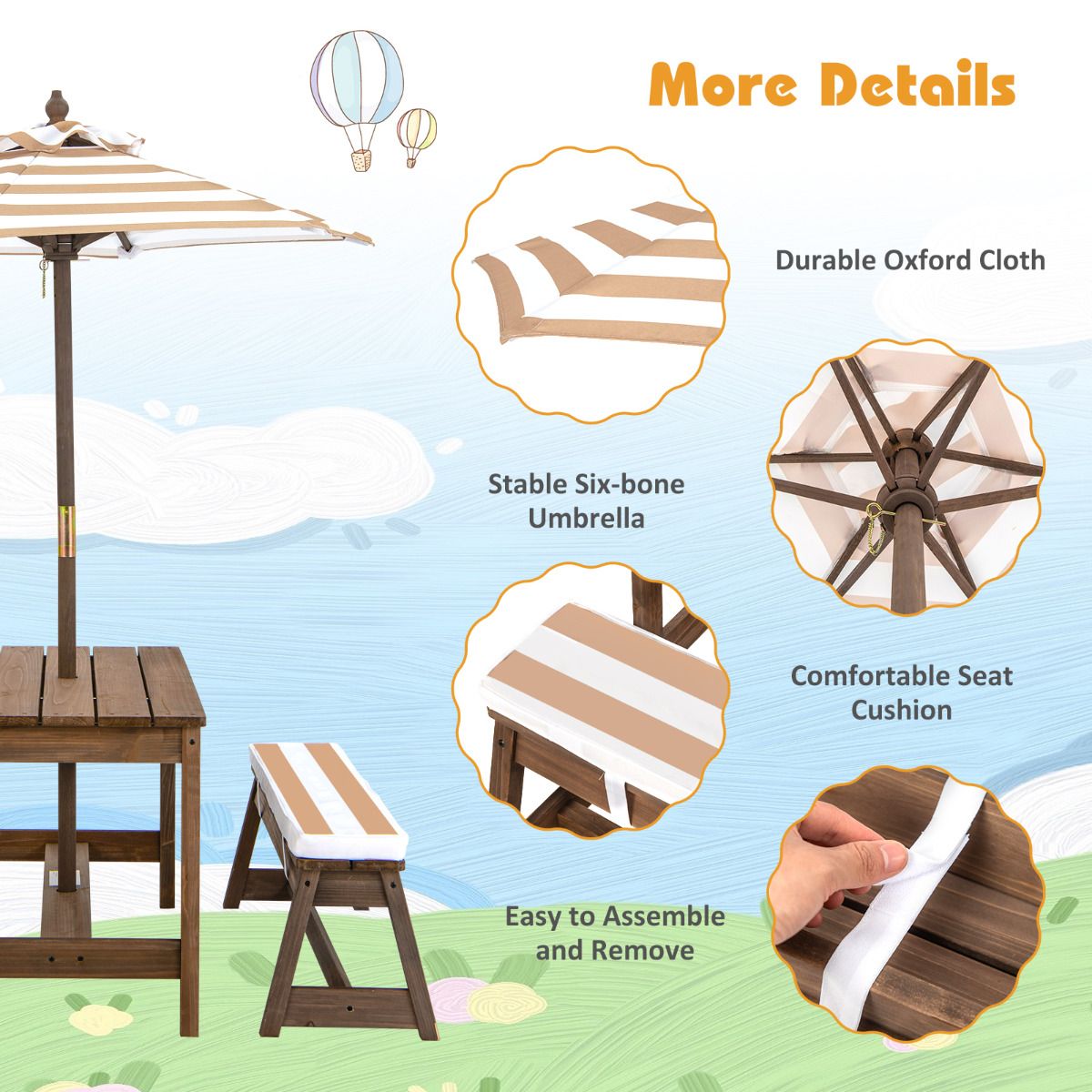 Coast Kids Picnic Table with Umbrella and Cushions - 89 x 85 x 47 cm - Coffee Colour - Activity Table and Chair Set for Indoor and Outdoor (Table et chaise d'activités pour l'intérieur et l'extérieur)