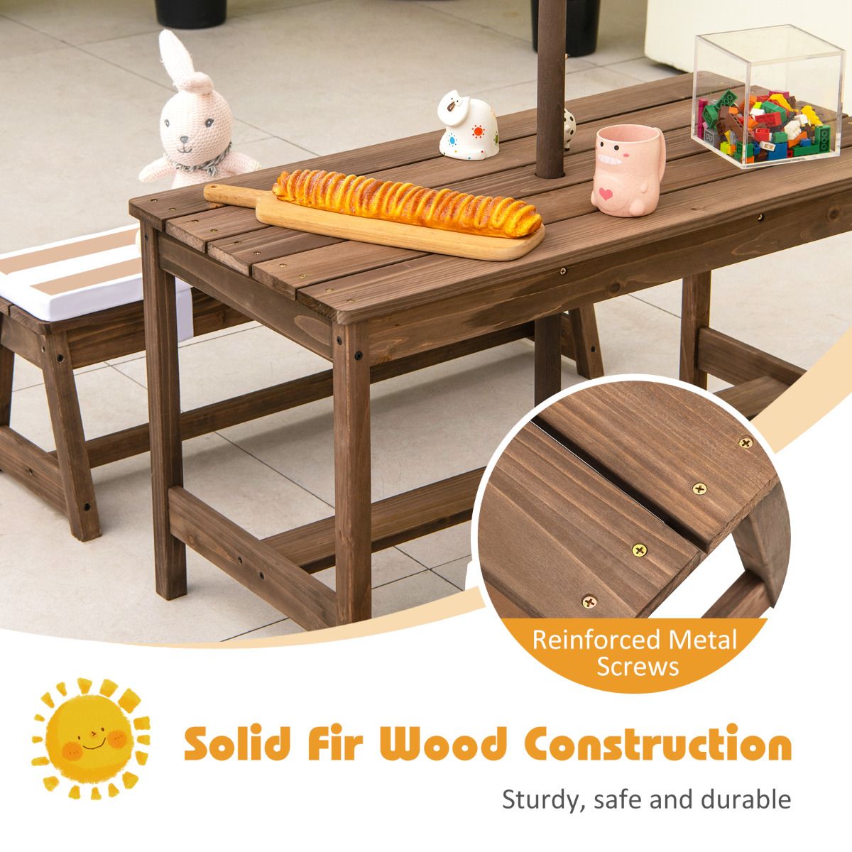 Coast Kids Picnic Table with Umbrella and Cushions - 89 x 85 x 47 cm - Coffee Colour - Activity Table and Chair Set for Indoor and Outdoor (Table et chaise d'activités pour l'intérieur et l'extérieur)