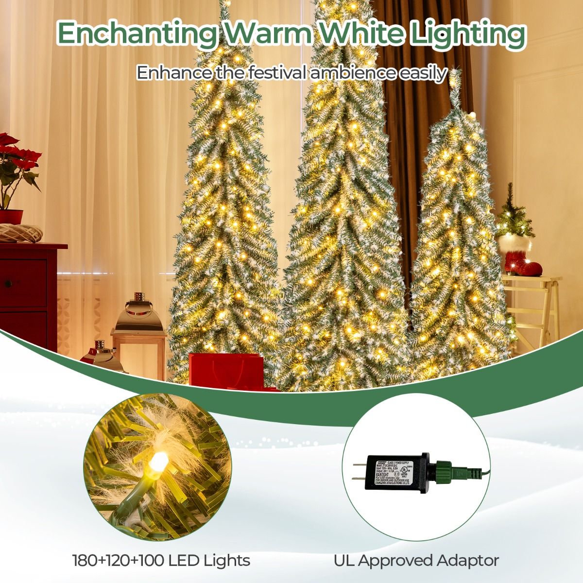 Lot d'arbres de Noël artificiels Coast - en forme de crayon - avec neige artificielle et éclairage LED - 120/150/180 cm