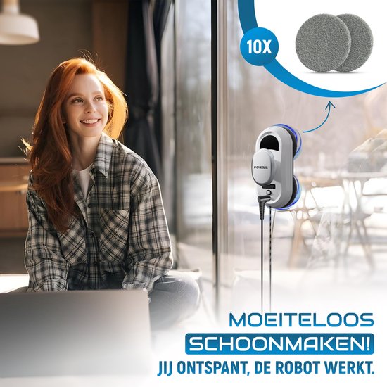 Powell Robot Lave-vitres - Nettoyeur de vitres - Essuie-vitres électrique - Aspiration forte 3000Pa - Télécommande - Blanc