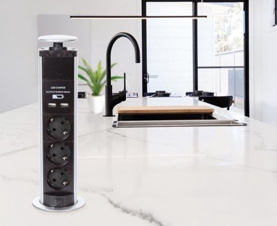Perel Pop-up socket, 3 prises avec terre de protection (type F), 2 ports USB, trou de montage 71 mm, utilisation intérieure, noir/gris