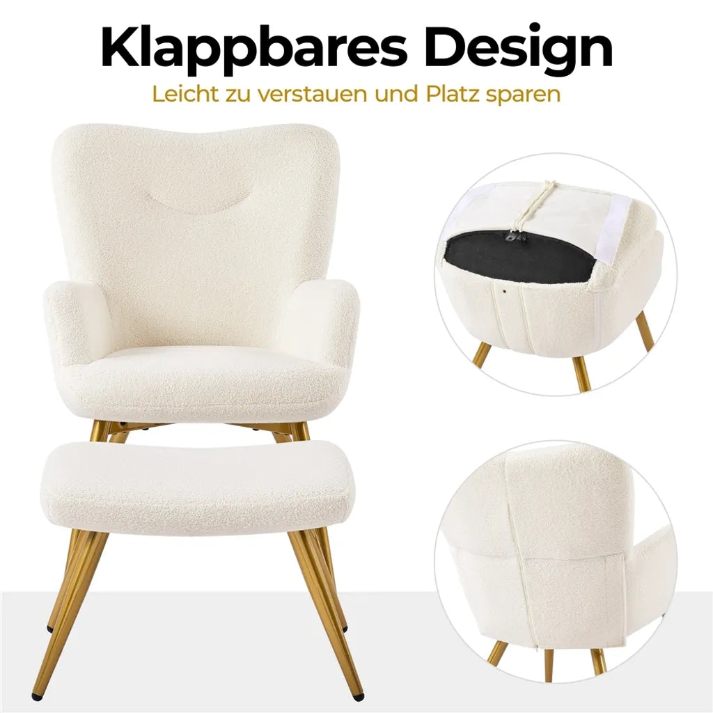 Fauteuil Yaheetech avec repose-pieds, bouclé, blanc/crème