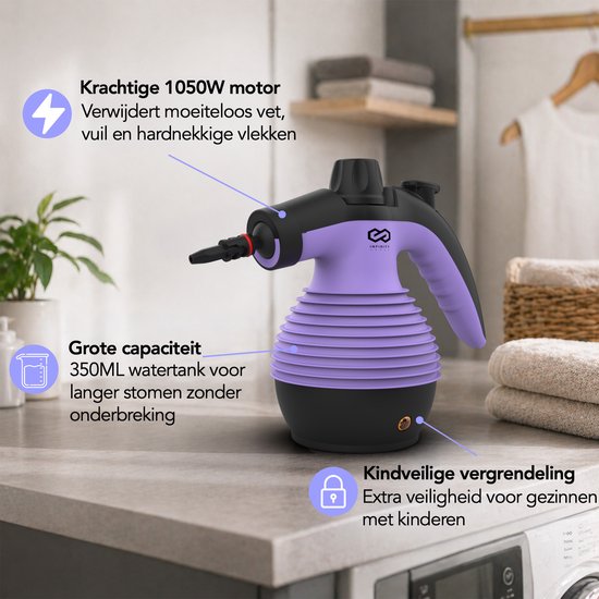 Nettoyeur vapeur Infinity Goods - Nettoyeur vapeur à main 12-en-1 - Nettoyeur vapeur portable - Détachant - Nettoyeur de tapis - 10 embouts - 1 050 watts - 3,2 bars - Violet