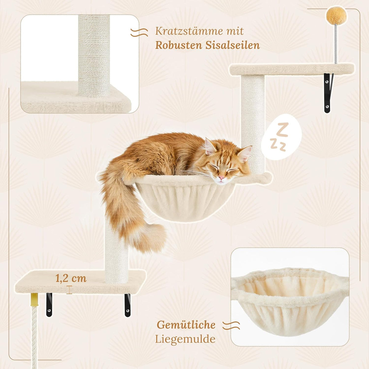 Yaheetech Mur d'escalade pour chats - 4 pièces - avec grattoir et panier - Beige