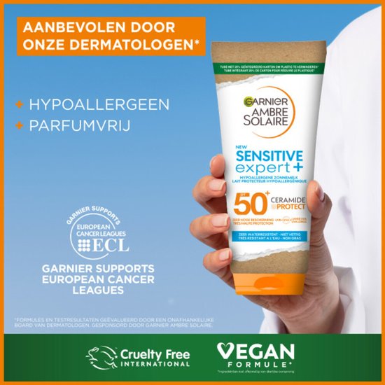 Garnier Ambre Solaire Sensitive Expert+ SPF50+ - Lait solaire hypoallergénique pour peaux sensibles avec Ceramide Protect - 175 ml