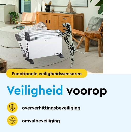 BRASQ - Convecteur électrique - Fonction turbo et thermostat réglable - Compact et silencieux - Minuterie - 750/1250-2000 watts - Chauffage avec protection contre la surchauffe - Blanc - Chauffage électrique
