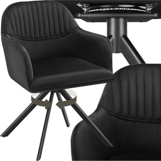 tectake® Chaise pivotante en velours - Chaise de bureau - Chaise de salle à manger avec accoudoirs - Chaise de bureau en velours, chaise de cuisine, chaise de salon - 56 x 59 x 81 cm - Noir/noir