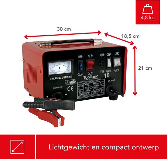 Toolland Chargeur de batterie 12/24 V, avec booster/aide au démarrage 9 A, avec protection thermique contre les surcharges, ampèremètre - boîtier métallique, rouge
