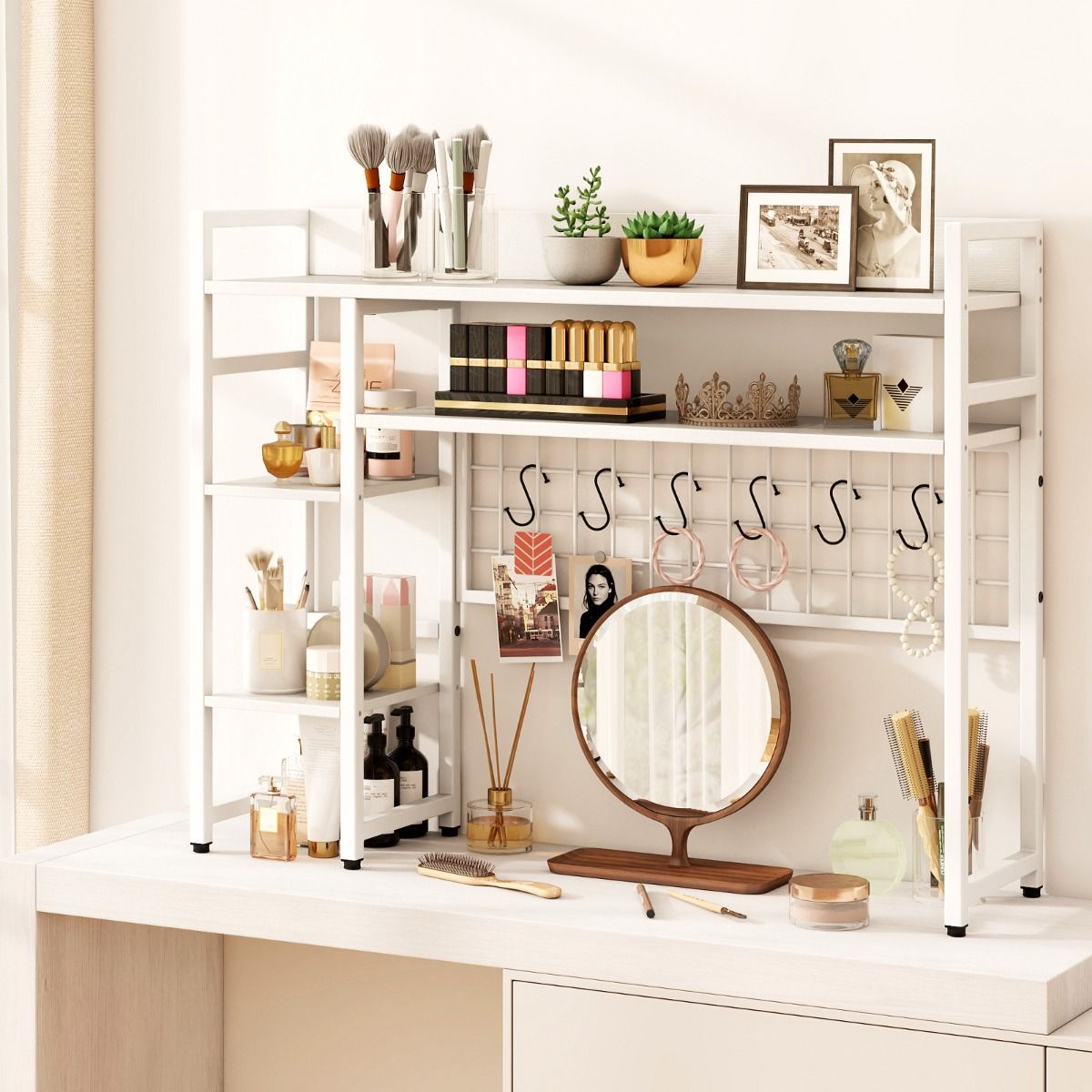 Coast Desk Rack - 94 × 25 × 74 cm - 4 niveaux - panneau grillagé en métal + 6 crochets - blanc