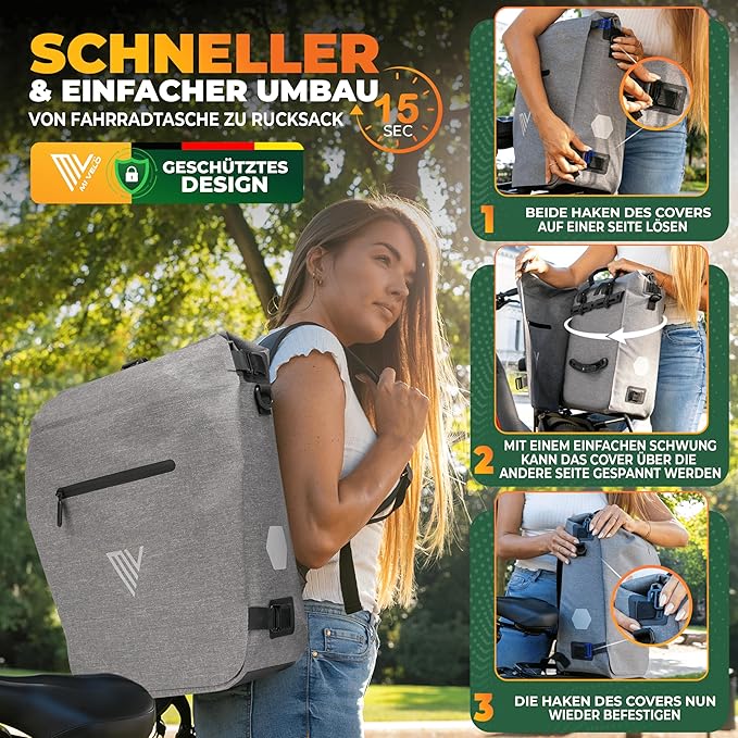 MIVELO Pannier - Sac à dos et sac à bandoulière 3-en-1 - Polyuréthane thermoplastique imperméable - 20 litres - Gris