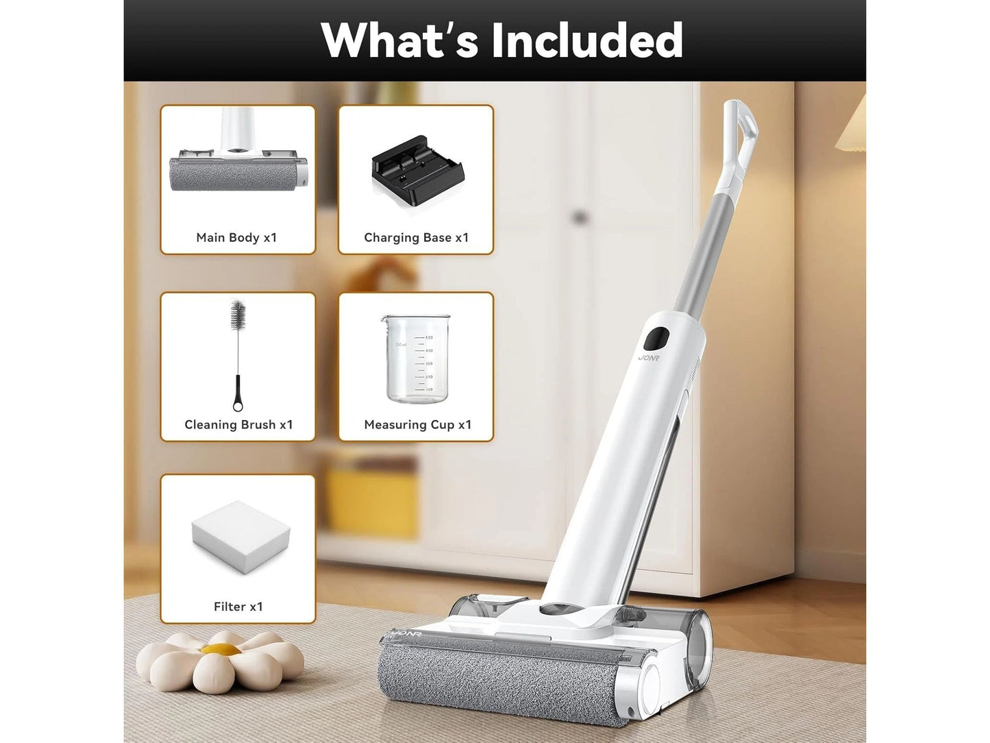 Aspirateur JONR S20 Pro Wet & Dry avec station d'accueil – Conception à 180° pouvant se poser à plat – Nettoyeur de sols humides et secs – Blanc