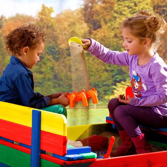 Bac à sable en bois AXI Ella aux couleurs de l'arc-en-ciel - Avec bancs et couvercle - Bois FSC - 100 x 95 x 20 cm - Bac à sable pour enfants