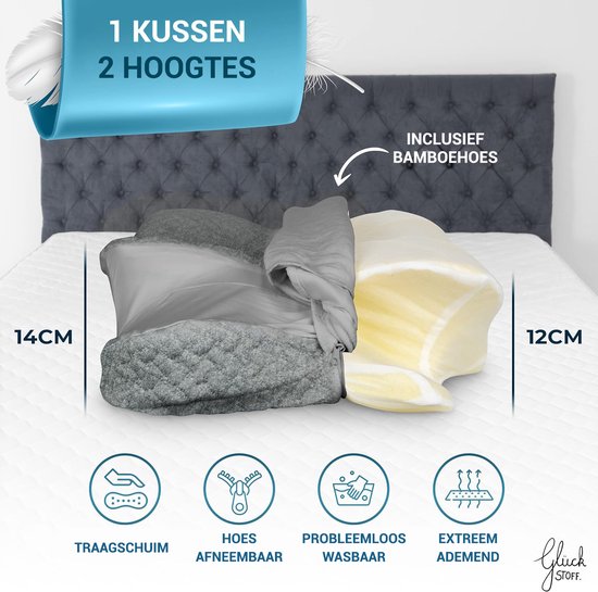 Oreiller orthopédique Glückstoff pour les douleurs cervicales, avec mousse à mémoire de forme - Oreiller hypoallergénique et ergonomique, pour les douleurs cervicales et dorsales, adapté à toutes les positions de sommeil, livré avec un sac en jute