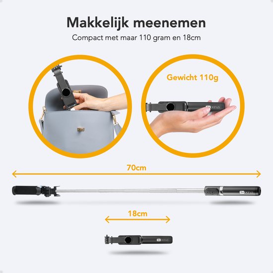 Studio ME Selfie Stick Universal - Trépied - Convient pour téléphone et caméra d'action - 100 cm - Selfie Stick - Rotation à 360° - Télécommande Bluetooth - Support de téléphone