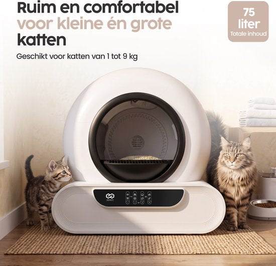 Bac à litière automatique Infinity Goods XXL - Bac à litière autonettoyant - Application incluse - 75 L - Avec tapis de bac à litière et 3 rouleaux de sachets de rangement