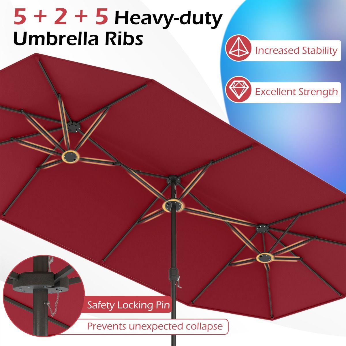 Parasol double Coast - toile extra-large - pied lesté - Rouge vin 400 x 212 cm
