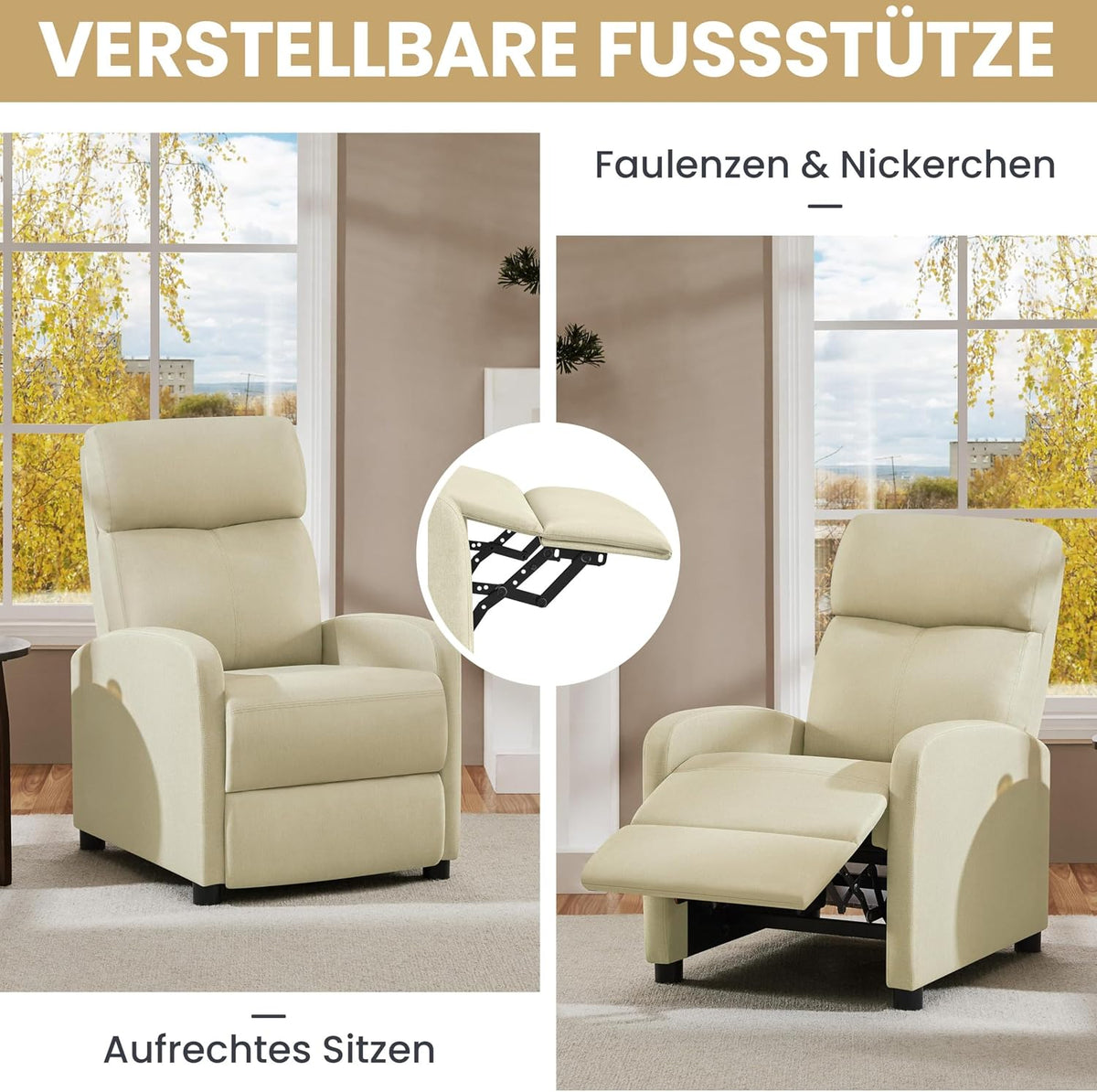 Fauteuil de détente Yaheetech pour regarder la télévision - 87 x 61,5 x 99 cm - Repose-pieds réglable - Beige