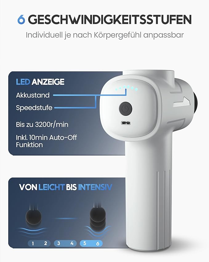 Heroism Massage Gun - 6 accessoires, 3200 rpm, USB-C, masseur musculaire - blanc