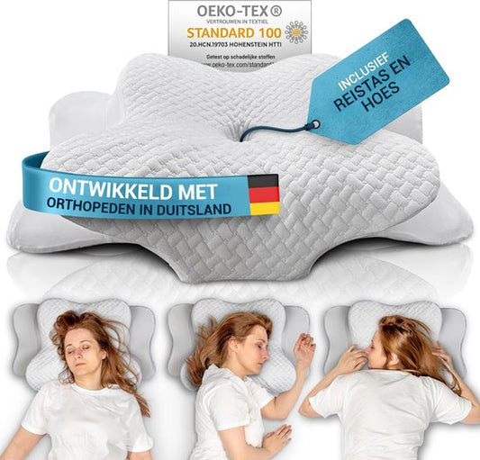 Oreiller orthopédique Glückstoff pour les douleurs cervicales, avec mousse à mémoire de forme - Oreiller hypoallergénique et ergonomique, pour les douleurs cervicales et dorsales, adapté à toutes les positions de sommeil, livré avec un sac en jute