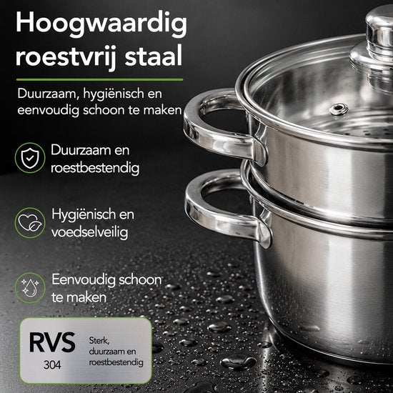 Casserole à vapeur Aviro - Couvercle en verre - 3,1 L - 20 cm - Induction et gaz - Cuiseur à vapeur 3 pièces pour riz et légumes - Acier inoxydable
