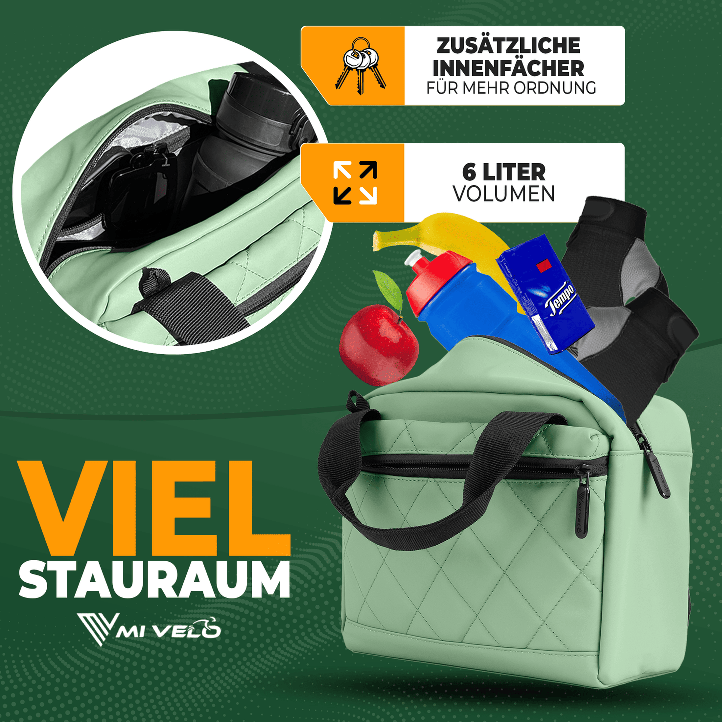 MIVELO Sacoche pour guidon de vélo - Déperlante - 7 litres - Menthe