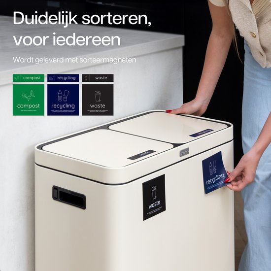 Deleca Recycle Bin with 2 Compartments - 60 Litres (2x30) Waste Bin - Waste Separation / Deposit Container / Pedal Bin - Garbage Bin with FreshAura Odour Control - Slow Close - Stainless Steel Cream White