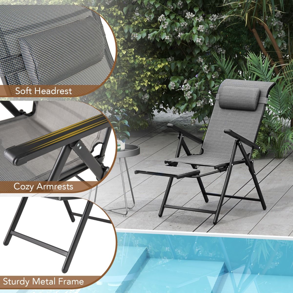 Ensemble de chaises de jardin Coast - pliables - dossier et repose-pieds réglables - gris