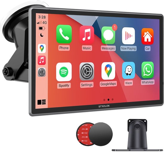 Écran Strolox CarPlay 9 pouces - Compatible avec Apple CarPlay et Android Auto - Sans fil - Système de navigation - Autoradio universel Bluetooth - Connexion USB-C - 2 supports de fixation - 2024