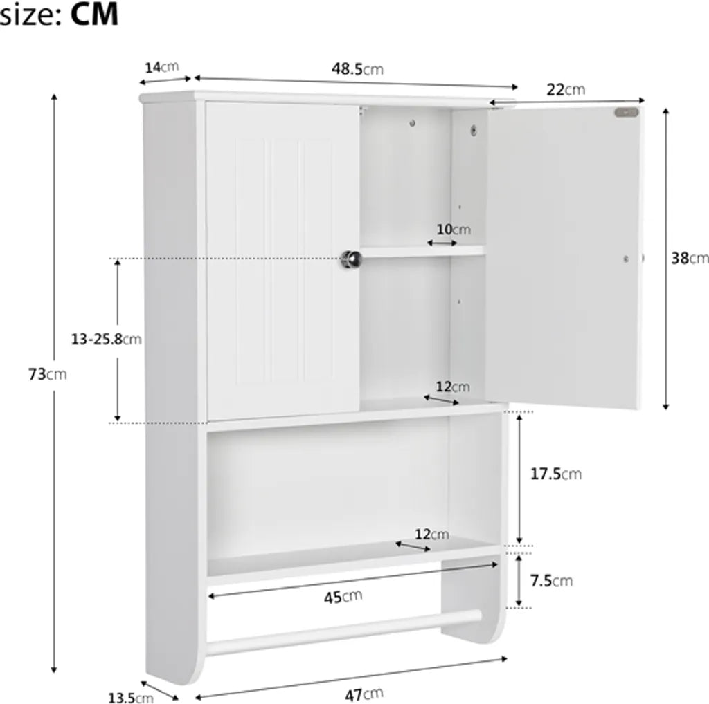 Armoire murale de salle de bains Yaheetech - Blanche - 48,5 x 14 x 73 cm - Porte-serviettes, compartiment ouvert, étagères réglables