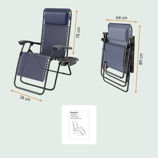 LifeGoods Fauteuil de jardin pliable - Chaise longue de jardin - 30°-90° réglable - Métal - Bleu
