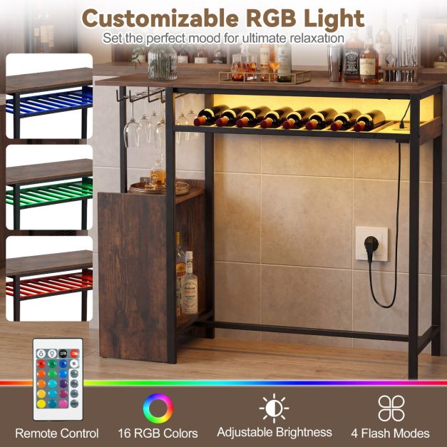 Table de bar Coast avec éclairage RGB et station de recharge – Table haute avec porte-bouteilles, porte-verres et compartiments de rangement – Marron/Noir – 110 cm
