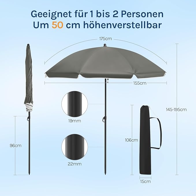 WOLTU GSS0007dgr03 - Parasol de balcon 175 cm - Protection UV UPF 50+ - Réglable et inclinable - Gris foncé