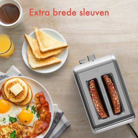 KitchenBrothers Toaster - Grille-pain - 6 niveaux de chaleur - 2 fentes extra-larges - 815W - Acier inoxydable/Argent