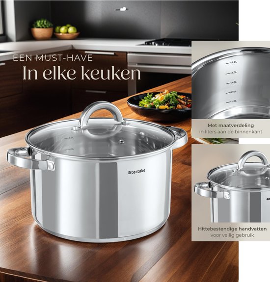tectake® Set de casseroles - acier inoxydable - Convient à la cuisson par induction, au gaz et à l'électricité - 15 pièces - Lavable au lave-vaisselle - Pour la maison ou le camping - Poêles avec couvercles