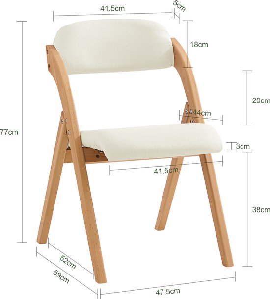 SoBuy Set of 2 Folding Chair, Office Chair with Upholstered Seat Cushion, Dining Chair, Nature/White, 47.5x77x59 cm, FST92-Wx2 - pour la salle à manger, le balcon ou le bureau