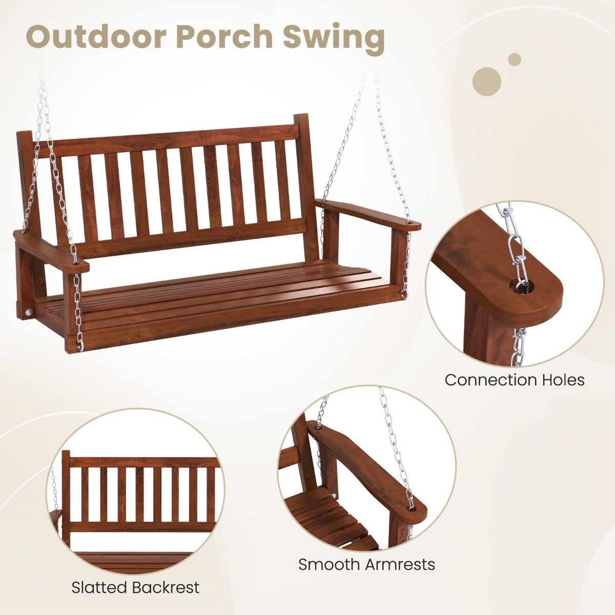 Balançoire / banc suspendu Coast 2 places en bois pour l'extérieur - 136 x 67 x 63 cm, marron, capacité 230 kg