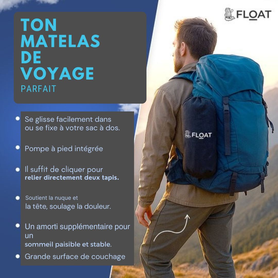 Matelas de couchage 1 personne avec pompe à pied et système click FLOAT- camping - 195x66x12 cm - Noir