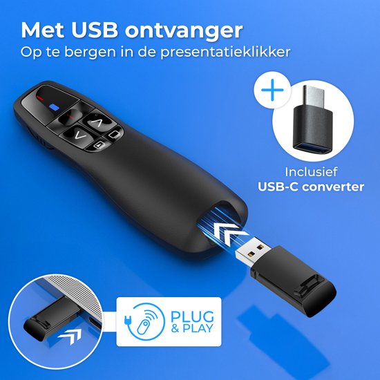 Nuvance Presentation Clicker - Laser - Pointeur - Présentateur - Récepteur USB - Adaptateur USB C inclus - Clicker