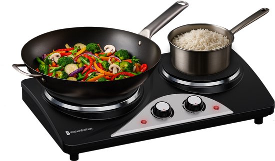 KitchenBrothers Table de cuisson électrique - 2 brûleurs - pose libre - 7 réglages de température - 1500W + 1000W - Noir