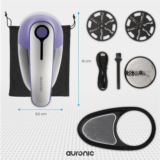 Auronic Electric Lint Remover - Dépoussiéreur sans fil - Autonomie de la batterie 60 minutes - Tondeuse à peluches - 2 accessoires supplémentaires - Violet
