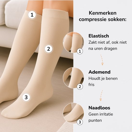 Alyze Bas de compression - 2 paires - Taille 38-40 - Haut - 20-30 mmHg - Chaussettes pour hommes et femmes - Médical - Neuropathie - Bas de compression - Diabète - Circulation, Course, Avion, Lit - Nude
